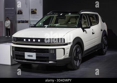 Tokio, Japan. 30. Oktober 2025. Hyundai Nexo auf der Japan Mobility Show 2025. Auf der Japan Mobility Show 2025 zu sehen. Tokios großer Anblick pulsiert mit dem Brüllen der Innovation, während die Japan Mobility Show 2025''`umfirmierte Erbe der geschichtsträchtigen Tokyo Motor Show''`von Oktober 30 bis zum 9. November stattfindet und die Augen auf Japans sich entwickelndes Automobil-Ethos lenkt. Unter dem Flüstern einer Verlangsamung des Elektrofahrzeugs drehen sich die Aussteller mutig: Futuristische kompakte Konzepte, erweiterte Luxuslinien und elektrische Runabouts in Kei-Größe weisen auf marktspezifische Elektrifizierung hin. An den von Manga inspirierten Kabinen werden erfrischte Minivans und Auto beleuchtet Stockfoto